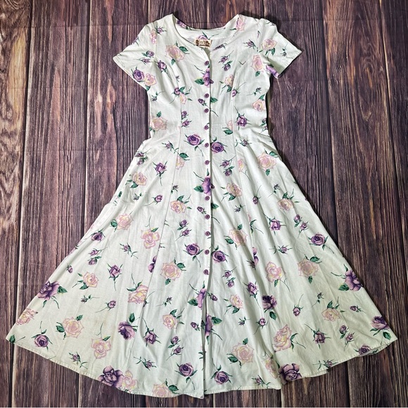 Vintage Illusions Floral Maxi Dress Sweetheart Neckline Button Front Fit Flare - Picture 3 of 13